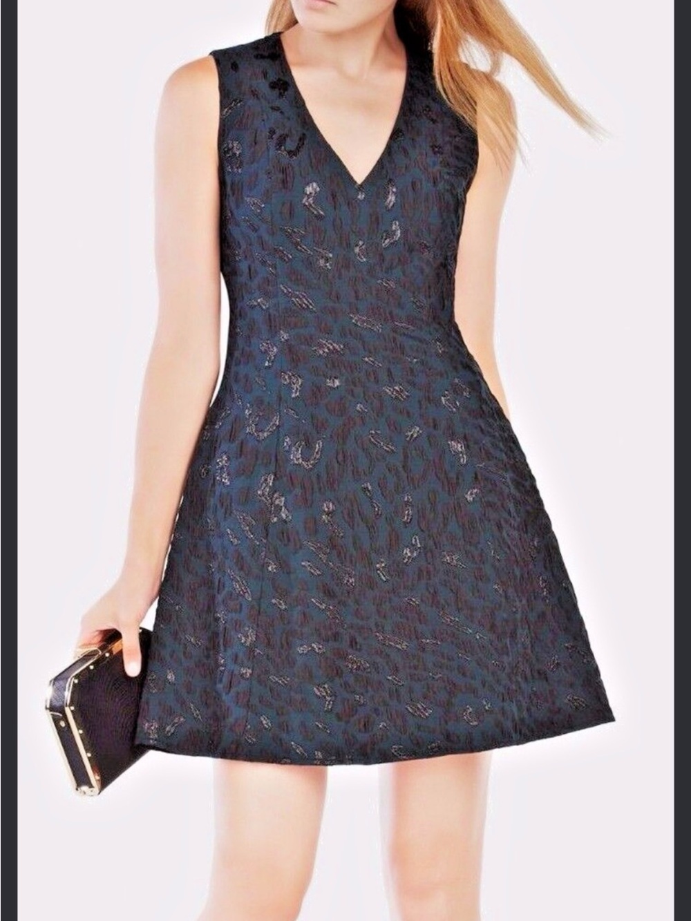BCBGMaxAzria black textured jacquard V- Neck fit&flare dress